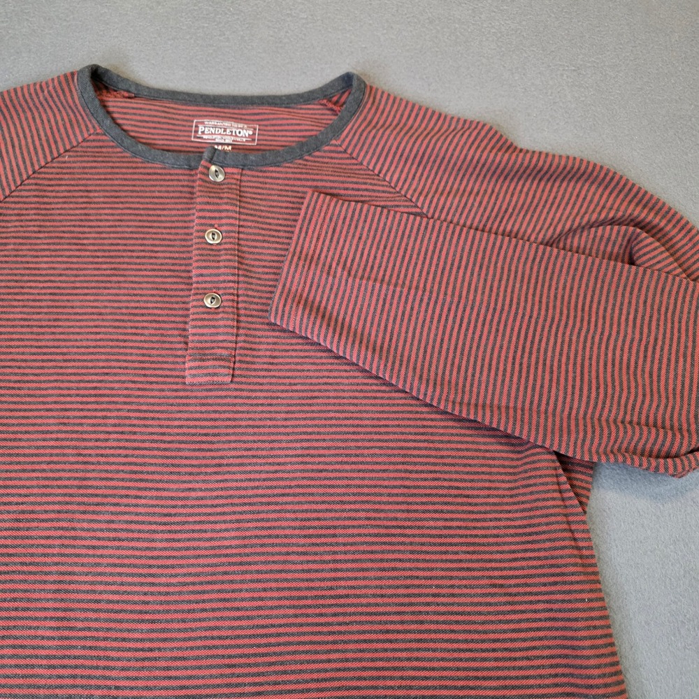 Pendleton Mens Striped Henley Long Sleeve Shirt Maroon Red Gray Medium